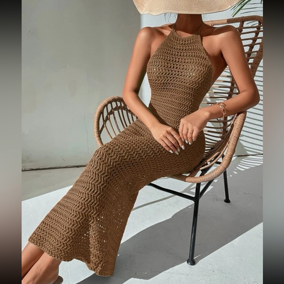 Boho Crochet Backless Halter Neck Bodycon Dress Cover Up - Picture 5 of 6